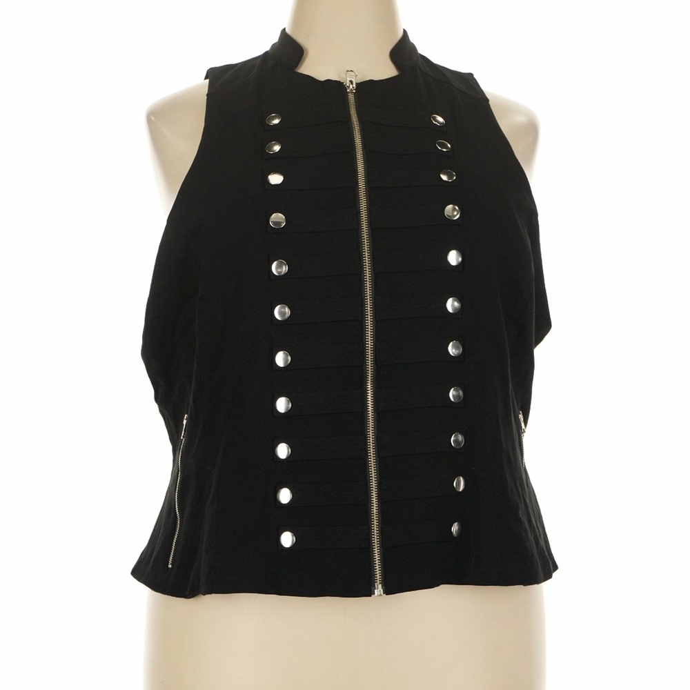 Black Sleeveless Zip-Up Vest with Silver Buttons